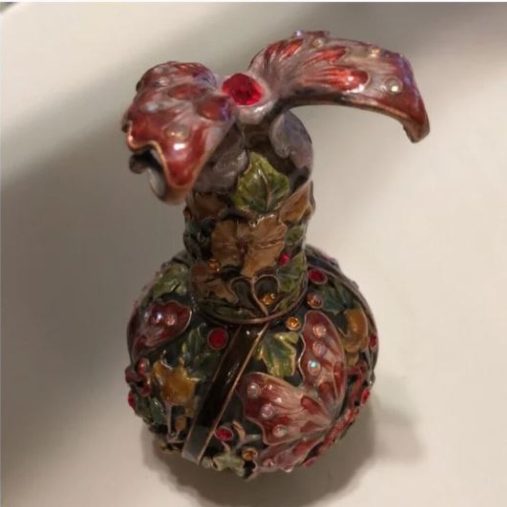 Butterfly Cloisonne Perfume Bottle in Red and Pink with a Floral Motif Design - Picture 7 of 7